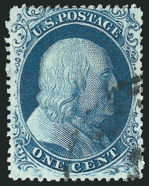 1c Blue, Ty. II (20).> Position 3R4 with <curl in hair,> pretty shade, neat circular datestamp leaves the plate characteristic clearly visible, single short perf at upper left, still Very Fine