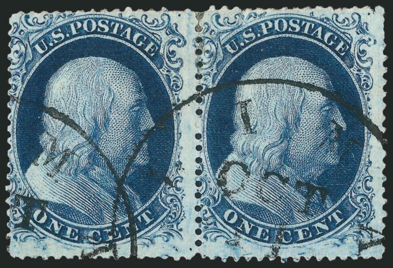 1c Blue, Ty. II (20).> Positions 4-5R4, horizontal pair, <wide-spaced horizontal perforations,> rich color, neat circular datestamps, left stamp small thin spot, right stamp light corner crease at top right,
few perf separations, still Fine, the exce