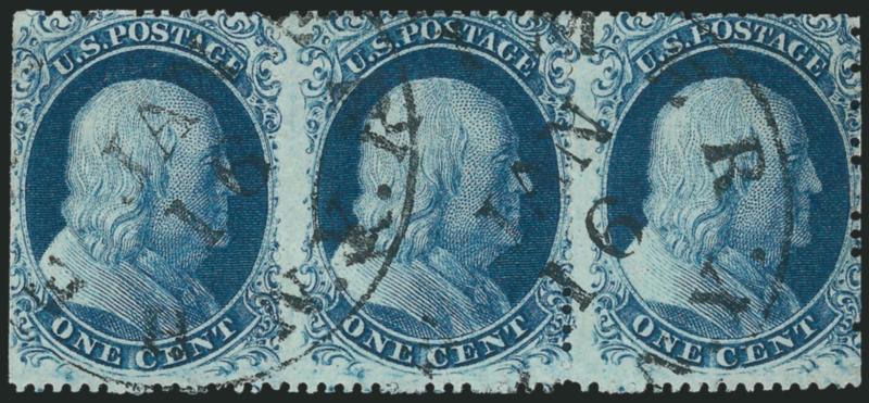 1c Blue, Ty. II (20).> Positions 6-8R4, horizontal strip of three, intense color, blind vertical perfs, neat Rochester N.Y. Jan. 16 circular datestamps, perfs scissors-separated causing s.e. at left, other
perfs intact, left stamp light diagonal cr