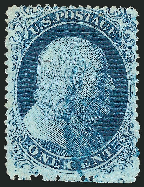 1c Blue, Ty. II (20).> Position 7R4, intense shade and impression, light strike of <blue> circular datestamp, Very Fine, scarce with such choice centering, ex Neinken