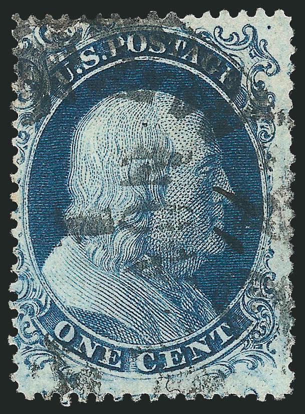 1c Blue, Ty. II (20).> Position 9R4, with <wide-spaced horizontal perforations,> bold strike of New York circular datestamp, small paper flaw at upper left, Fine appearance, the exceptions to the normal
cut-into condition of top-row and bottom-row Pl