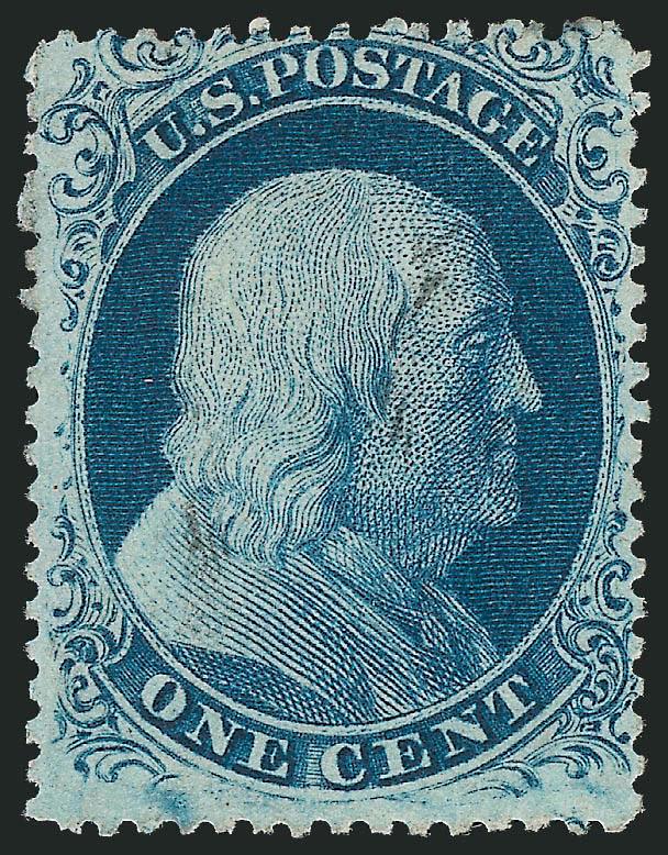1c Blue, Ty. II (20).> Top row of Plate 4, barely cancelled, rich color, Fine