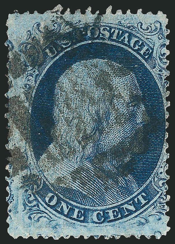 1c Blue, Ty. II (20).> Position 10R4 with <double transfer and wide-spaced horizontal perforations,> rich color, unusual segmented cork cancel, centered to right, Fine, Position 10R4 is extremely rare and the
only double transfer on Plate 4, this sta