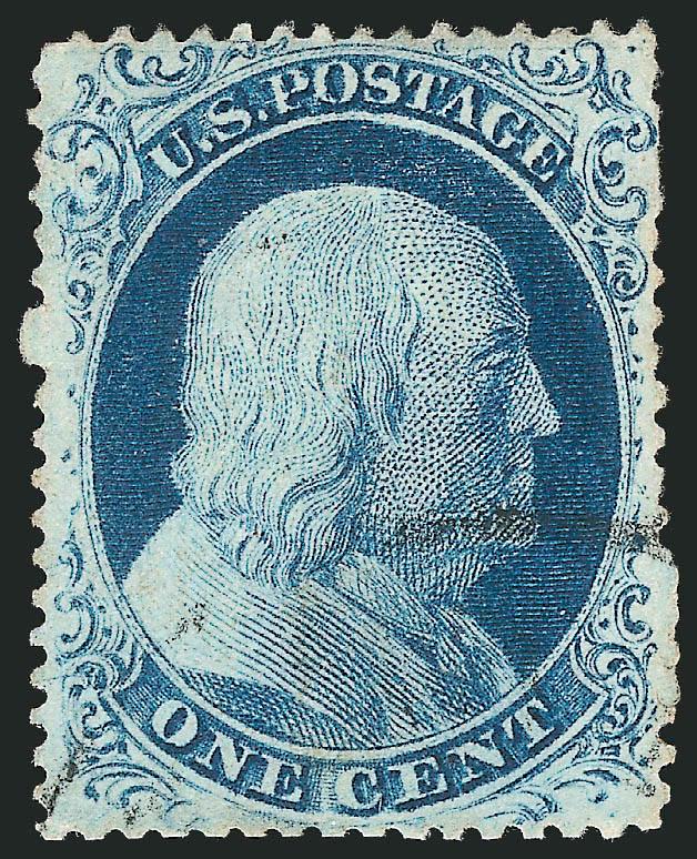 1c Blue, Ty. II (20).> Position 10R4 with <double transfer,> bright shade, face-free cancel, some unpunched perfs, Very Fine, the Neinken book (p. 270) comments on the rarity of 10R4, the only double transfer
on Plate 4, ex Neinken