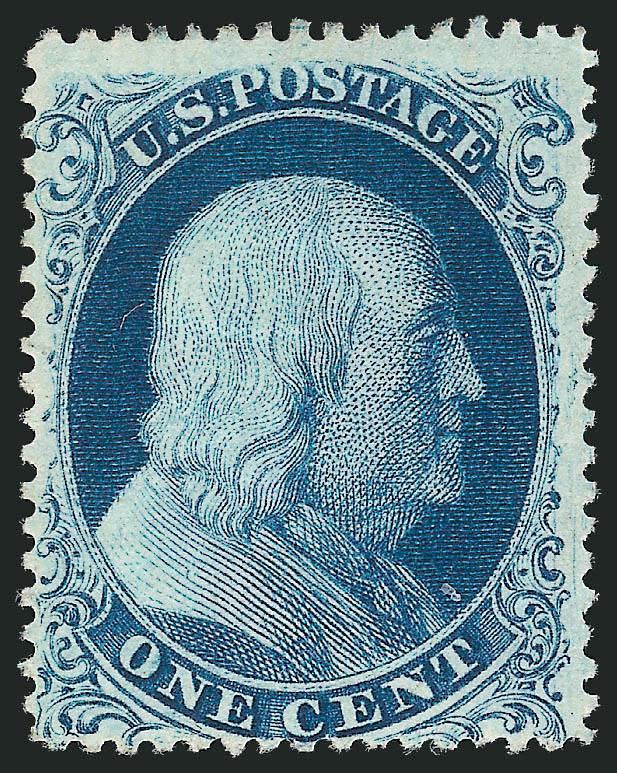 1c Blue, Ty. III (21).> Position 86R4, unused (no gum), rich color on bright paper<><>^FINE. A SCARCE UNUSED EXAMPLE OF THE PERFORATED 1857 ONE-CENT TYPE III.^<><>Although the Neinken book identifies Position
86R4 as Type IIIa, this position can