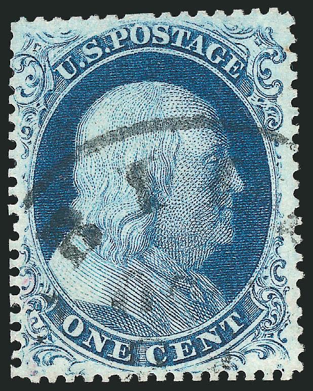 1c Blue, Ty. III (21).> Plate 4, E Relief, bright color on crisp paper, neat strike of circular datestamp, well-balanced margins, a few blunted perfs at upper left from scissors separation, otherwise Very
Fine