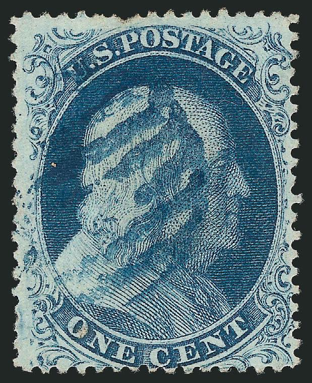 1c Blue, Ty. III (21).> Plate 4, D Relief, pretty shade nicely complemented by <blue> grid cancel, single pulled perf at top, otherwise Fine