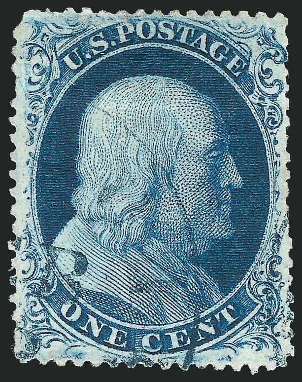 1c Blue, Ty. III (21).> Position 53L4, rich color, light strike of <blue> circular datestamp, tiny corner perf crease at bottom left, short perfs, otherwise Very Fine, ex Neinken
