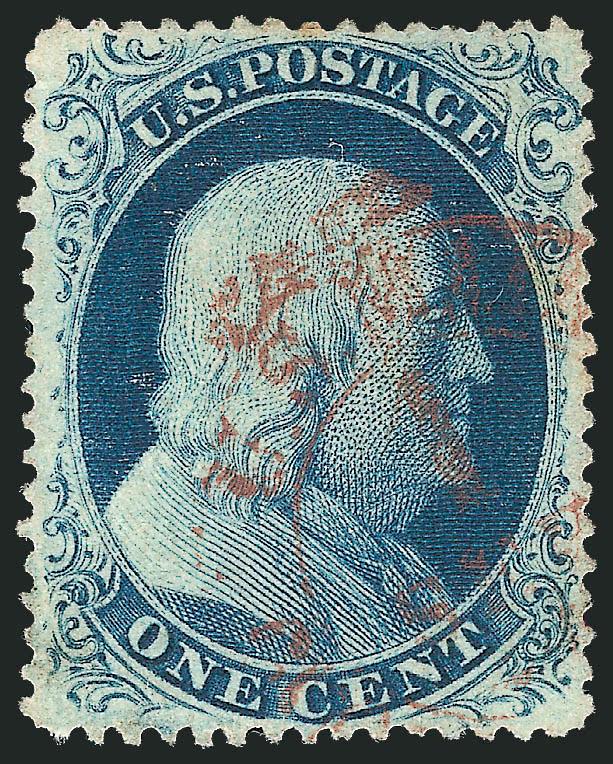 1c Blue, Ty. III (21).> Position 66R4, pretty shade, neat strike of <red New York City carrier datestamp,> toned perf at top and faint toning at right, still Extremely Fine and remarkably choice condition for
this scarce perforated 1c 1857 type, ex N