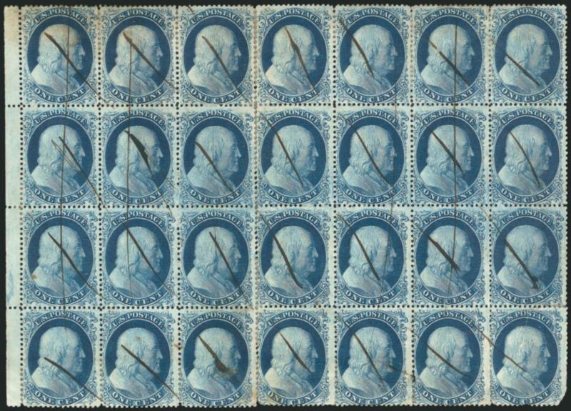 1c Blue, Ty. III, IIIa (21, 22).> Positions 31-3741-4751-5761-67R4, <block of 28 with straddle-pane selvage at left,> DEFC Relief order, top three rows are all Ty. IIIa (41R is a Ic-IIIa swing position),
bottom row is Ty. III (63R is a III-IIIa
