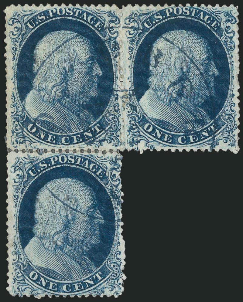 1c Blue, Ty. IIIIIaIII (202221).> Positions 71727L4, vertical strip of three, top stamp a Top Row Type II, center stamp has break at top (Ty. IIIa), bottom stamp is identified as Type IIIa in Neinken, but this
example shows a definite break in