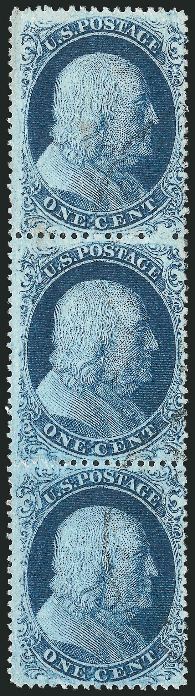 1c Blue, Ty. IIIaIIIaIII (222221).> Positions 506070R4, vertical strip of three, top two stamps Type IIIa, bottom stamp Type III, detailed impression, light strikes of circular datestamp, top stamp light
corner crease at top left and faint tone