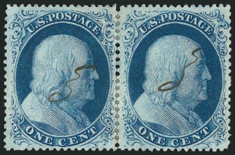 1c Blue, Ty. III (21).> Positions 25-26R4, horizontal pair which has been separated and rejoined, bright color, unobtrusive manuscript cancels, choice centering, Very Fine, a scarce pair of the 1857 Type III
from Plate 4, ex Neinken, Scott Retail as