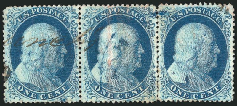 1c Blue, Ty. III-IIIa-III (21-22-21).> Positions 34-36L4, horizontal strip of three, center stamp Type IIIa, <blue> circular datestamp and manuscript cancels, center stamp with bit heavy creases and scuff, few
perf separations, still Fine and scarce