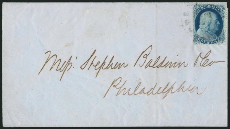 1c Blue, Ty. III (21).> Position 66L4, rich color, tied by light strike of New Orleans circular datestamp on Jan. 1, 1859 folded printed prices current to Philadelphia, vertical file fold well away from stamp,
Very Fine, attractive circular-rate use