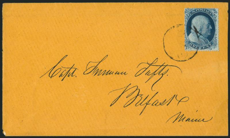 1c Blue, Ty. III (21).> Position 22L4, rich color and detailed impression, tied by ring cancel buff cover to local addressee in Belfast Me., with original Dec. 27, 1858 enclosure, slightly reduced at right,
Very Fine and attractive drop-rate use