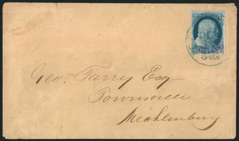 1c Blue, Ty. III (21).> Position 54R4, brilliant color, tied by <blue> Petersburg Va. 3cts. Oct 12 integral-rate circular datestamp on unsealed circular-rate cover to Townsville Va., some slight overall wear,
Fine, unusual use of 3c integral-rate d