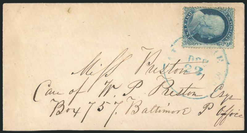 1c Blue, Ty. III (21).> Position 36L4, bright shade, tied by <blue> Baltimore Md. Dec. 22 circular datestamp on cover to a box at the Baltimore post office, barely reduced at bottom, Fine and scarce use of
this Plate 4 stamp