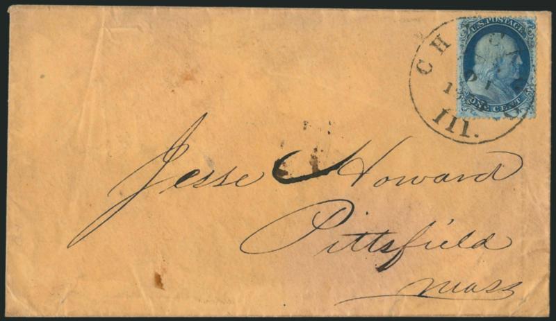 1c Blue, Ty. III (21).> Position 48R4, pretty shade, tied by Chicago Ill. Sep. 21, 1858 circular datestamp on unsealed circular-rate cover to Pittsfield Mass., some overall cover soiling, otherwise Fine