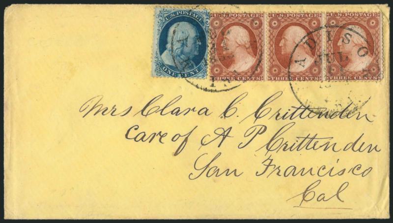 1c Blue, Ty. III (21).> Position 65R4, rich color, used with <horizontal strip of three of 3c Dull Red, Ty. III (26),> tied by Madison Ind. Jul. 21, 1858 circular datestamp on yellow cover to San Francisco,
minor edgewear, Very Fine use of the Type