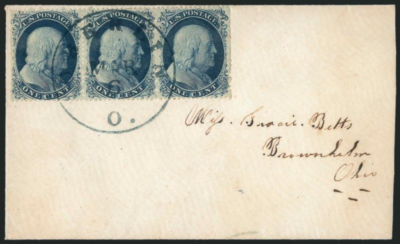 1c Blue, Ty. III (21).> Positions 64-66R4, horizontal strip of three, tied by perfect strike of Oberlin O. Mar. 6 circular datestamp on small cover to Brownhelme O., slightly reduced at right, left stamp
trimmed perfs at left<><>^VERY FINE. A RAR