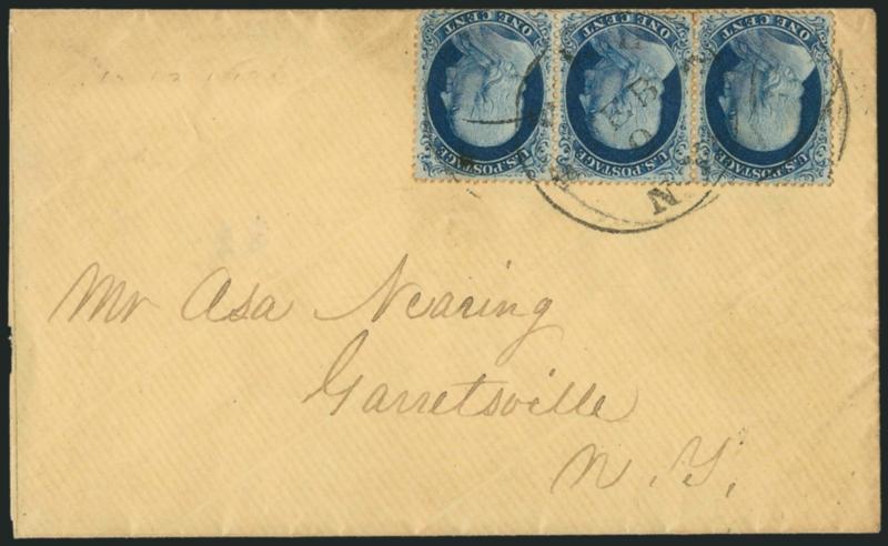 1c Blue, Ty. III (21).> Positions 62-64R4, horizontal strip of three, rich color, tied by Feb. 9 New York town datestamp on cover to Garretsville N.Y., slightly reduced at left<><>^FINE-VERY FINE. A RARE STRIP
OF THREE OF THE PERFORATED 1857 ONE-CE