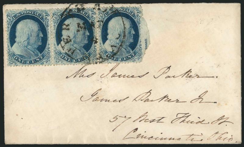 1c Blue, Ty. IIIa-IIIa-III (22-22-21).> Positions 38-40R4, left two stamps Type IIIa, <right stamp Type III with part imprint selvage,> rich color, tied by single strike of Perth Amboy N.J. Mar. 4 circular
datestamp on cover to Cincinnati O., right