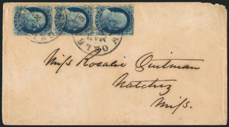 1c Blue, Ty. IIIIIaIII (202221).> Positions 51525R4, vertical strip of three with Top Row Type II and Type III at bottom, rich color, tied by New Orleans La. Mar. 14, 185? circular datestamps on cover to
Natchez Miss., some edge flaws<><>^V