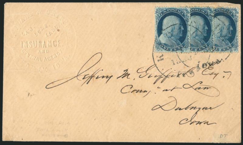 1c Blue, Ty. III, III, IIIa (21, 21, 22).> Three singles from Plate 4, right stamp Type IIIa, affixed overlapping and tied by light Keokuk, Iowa ?, 1858 circular datestamps on cover with insurance companys
embossed corner card to Dubuque Iowa, hor
