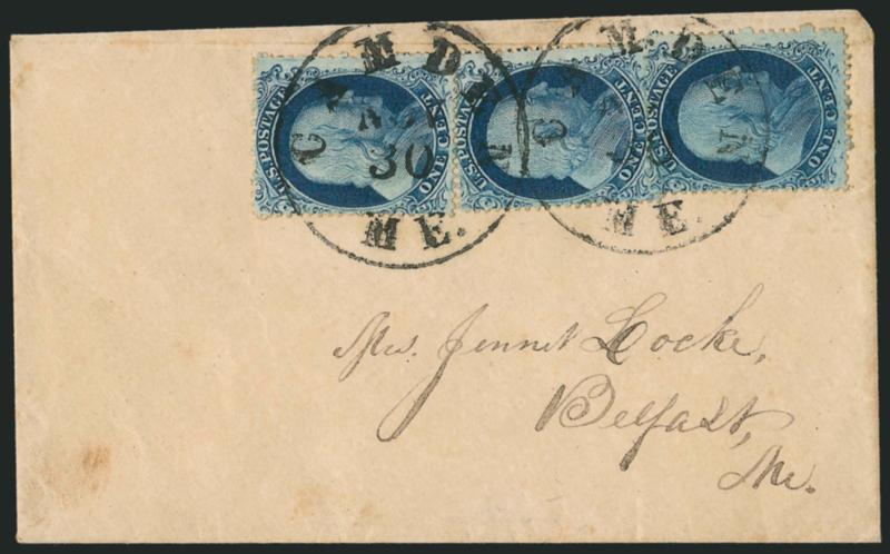 1c Blue, Ty. III, IIIa, III (21, 22, 21).> Positions 67R, 60R and 70R4, first and last Type III, center stamp Type IIIa, tied by bold strikes of Camden Me. Nov. 30 circular datestamps on cover to Belfast Me.,
Positions 60 and 70 with <trace of capt