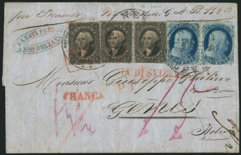 1c Blue, Ty. III-IIIA (21-22)> Plate 4, C Reliefs, horizontal pair, perfs scissors-separated causing some straight edges, used with <12c Black, Plate 1 (36),> horizontal pair and single, tied by New Orleans
La. Dec. 2?, 1858 circular datestamps on