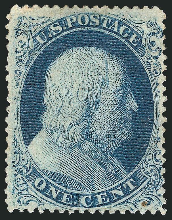 1c Blue, Ty. IIIa (22).> Position 56L4, unused (no gum), detailed impression clearly showing an unusual <diagonal line thru O of ^ONE^>, trivial natural inclusion at lower right, tiny corner perf crease at top
right, Very Fine appearance, ex Nein