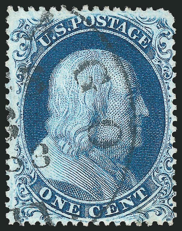 1c Blue, Ty. IIIa (22).> Plate 4, rich color, choice centering, possibly showing a faint break at bottom (which would make this Type III), neat strike of Chicago circular datestamp, fresh and Very Fine, with
1985 (as Position 45L4) and 1989 P.F. cert