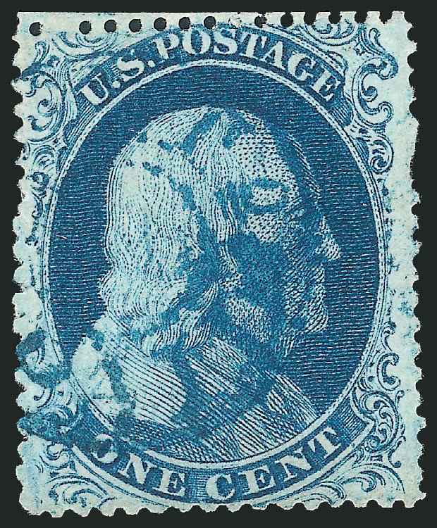 1c Blue, Ty. IIIa (22).> Position 34L4, rich color, <blue Balto. Paid> cancel, small flaws, Very Fine appearance, plating note identifies this as 34L4, which if correct makes it a Type III (perfs in at bottom,
so it is impossible to see break in an