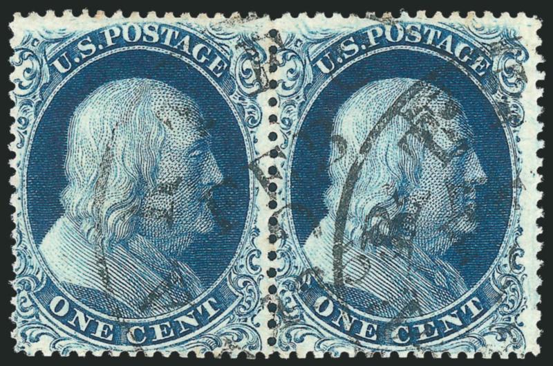 1c Blue, Ty. IIIa (22).> Positions 87-88R4, horizontal pair, rich color on bright paper, neat circular datestamps, right stamp small indentation at lower left, Fine-Very Fine, an attractive pair