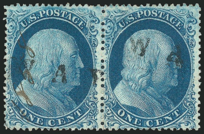 1c Blue, Ty. IIIa (22).> Positions 53-54R4, horizontal pair, pretty shade, 1858 manuscript cancel at left, each stamp also with <Way> handstamp, Very Fine, with 1983 P.F. certificate