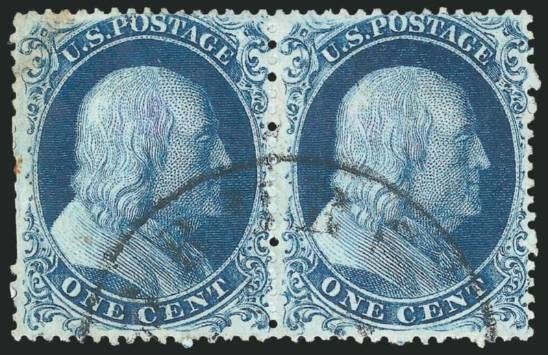 1c Blue, Ty. IIIa (22).> Horizontal pair, plating notes on back equivocate between Positions 87-88R4 and 86-87R4, bright color, neat strike of circular datestamp, left stamp some toning and perf flaws,
otherwise Very Fine, ex Neinken