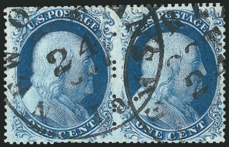 1c Blue, Ty. IIIa (22).> Positions 13-14L4, horizontal pair, radiant color, neat New Orleans circular datestamps, scissors-separated with some blunted perfs, otherwise Very Fine, ex Neinken