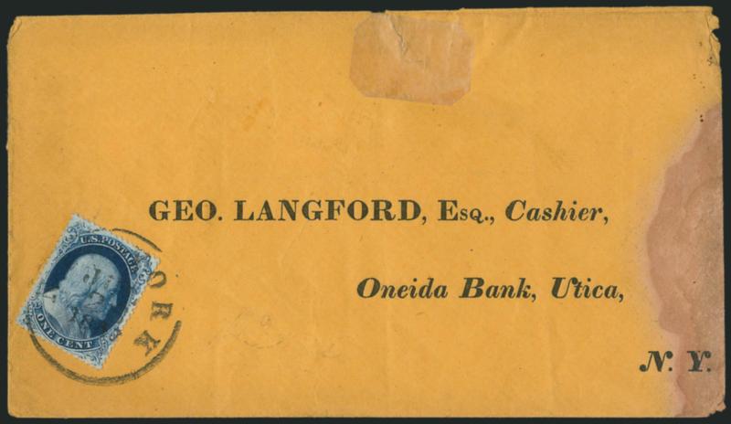 1c Blue, Ty. IIIa (22).> Position 77L4, deep rich color and sharp proof-like impression, tied by <New-York Jul. 26, 1857> circular datestamp on buff cover with printed address to Utica N.Y., sealed tear at
top, some waterstaining at right<><>^EXT