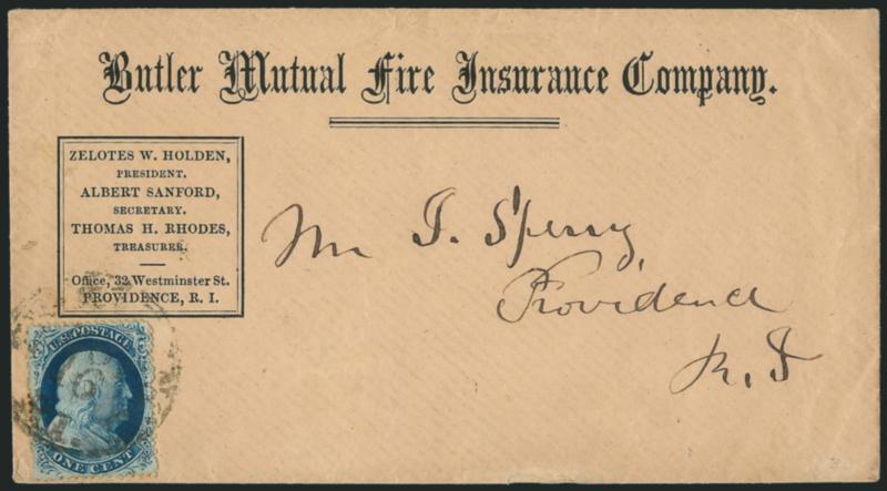 1c Blue, Ty. IIIa (22).> Position 68L4, shows small break in bottom line and was certified as Type III (Scott 21) in 1987, tied by Providence R.I. Nov. 16 circular datestamp on 1858 Butler Mutual Fire
Insurance Co. corner card cover used locally, f