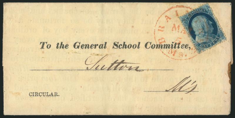 1c Blue, Ty. IIIa (22).> Position 55R4, deep shade and choice centering, tied by <red> Braintree Ms. May 5 circular datestamp on 1858 yellow printed circular with part-printed address to Sutton Mass., small
ink stain at lower right, still Extremely