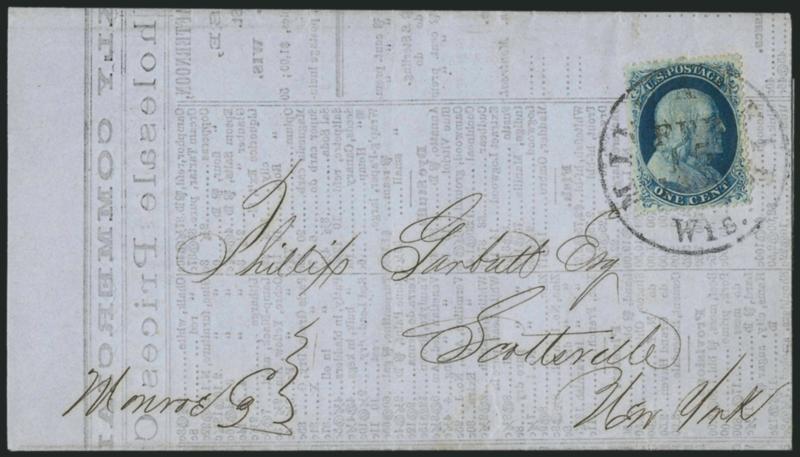 1c Blue, Ty. IIIa (22).> Plate 4, F Relief from the sixth row of the plate, beautifully centered, rich color and sharp impression, tied by Milwaukee Wis. Feb. 15 circular datestamp on 1859 folded printed
prices current to Scottsville N.Y., fresh an