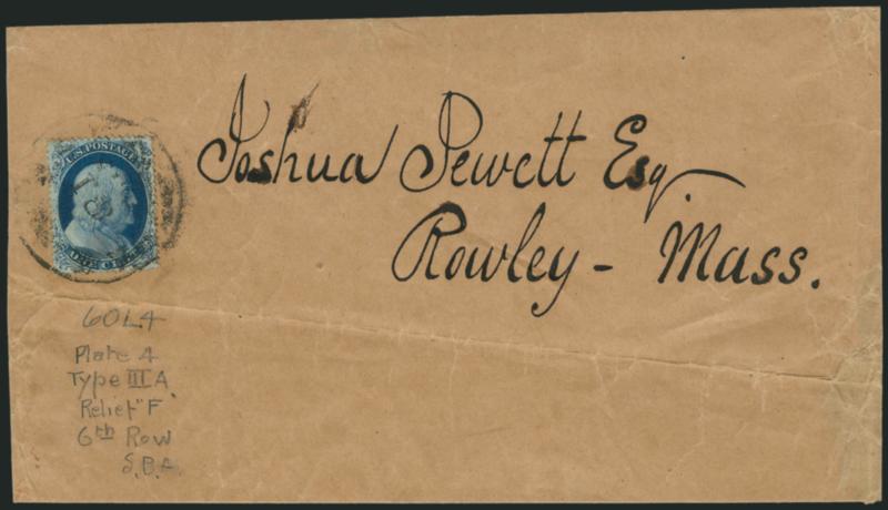 1c Blue, Ty. IIIa (22).> Position 60L4, choice centering, tied by indistinct circular datestamp on <wrapper> to Rowley Mass., wrapper with minor edgewear and diagonal fold well clear of stamp, stamp is
Extremely Fine, attractive use on a wrapper, sig