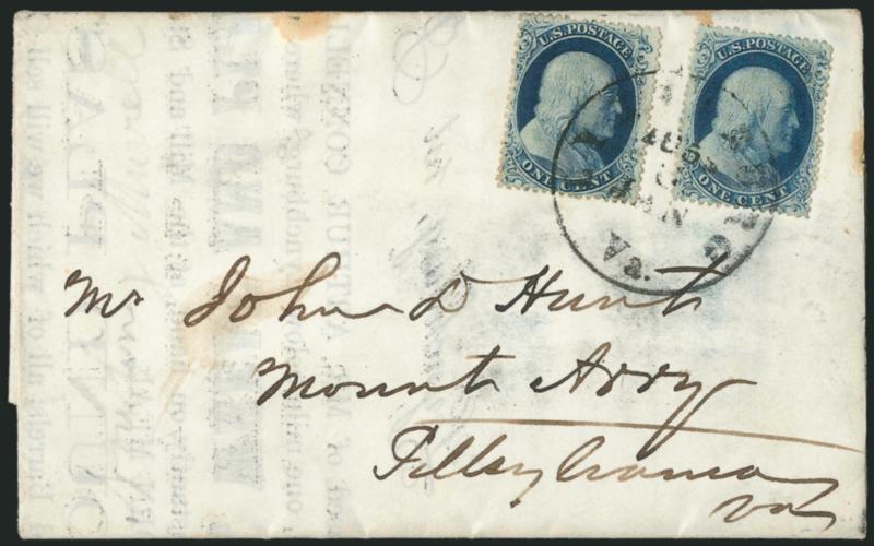 1c Blue, Ty. IIIa (22).> Two singles from Plate 4, tied by Lynchburg Va. Jan. 3, 1859 circular datestamp on two-page folded printed circular to Pittsylvania Va., Very Fine, attractive use paying the rate for a
two-page circular, ex Neinken