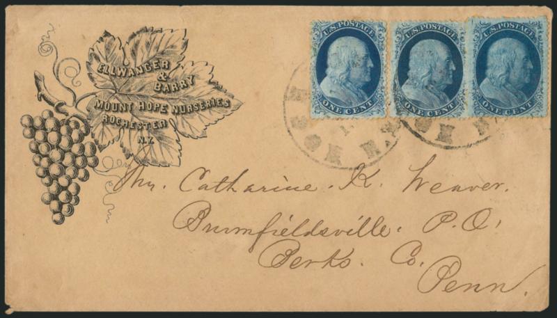 1c Blue, Ty. IIIa (22).> Plate 4, used with <two 1c Blue, Ty. V (24),> Positions 47L7 and 8L7, tied by Rochester N.Y. ? circular datestamp on cover with <illustrated Mount Hope Nurseries corner card> to
Brumfieldsville Pa., Very Fine, an attractive