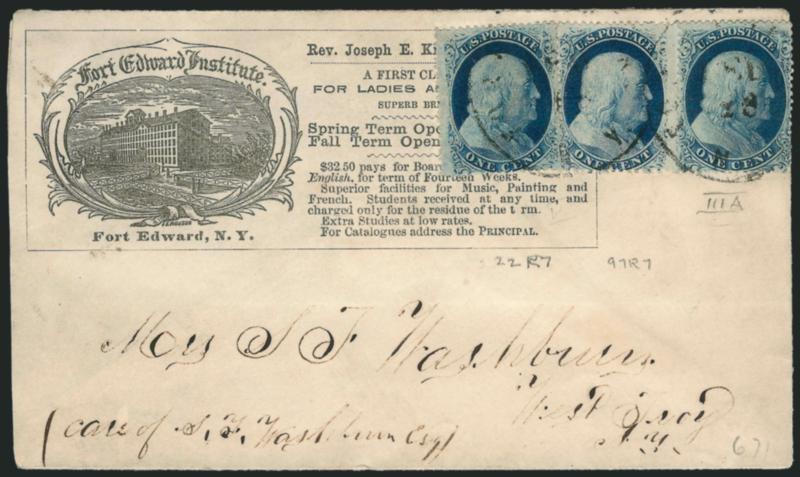 1c Blue, Ty. IIIa (22).> Plate 4, used with <two 1c Blue, Ty. V (24),> Positions 22R7 and 97R7, the right stamp Type IIIa, center stamp with <curl on shoulder,> tied by light strikes of Fort Edward N.Y. Feb.
28 circular datestamp on cover with <ill