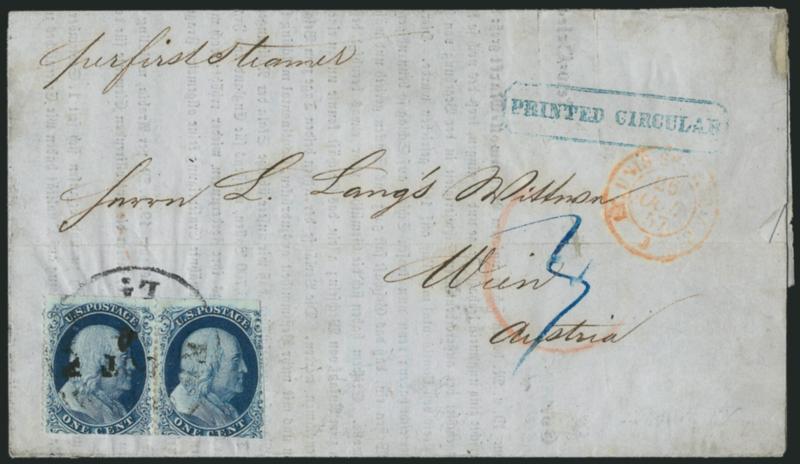 1c Blue, Ty. IIIa (22).> Positions 85-86L4, horizontal pair, scissors-separated causing straight edges cutting in on three sides, tied by New Orleans La. Oct. 4 circular datestamp on 1857 folded printed
circular <to Vienna, Austria,> blue Printed