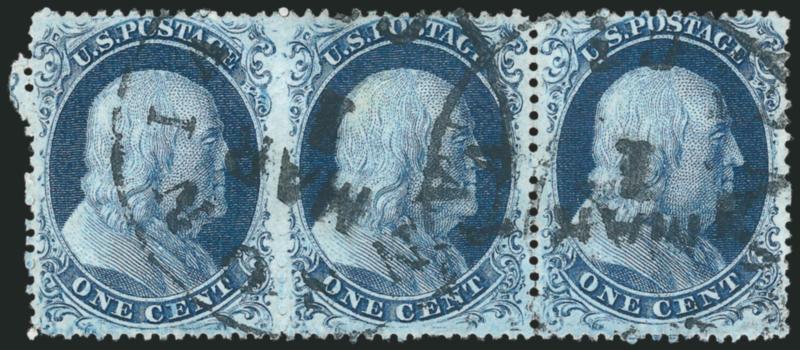 1c Blue, Ty. IIIa-IIIa-Ic (22-22-19b).> Positions 47-49R4, horizontal strip of three with <blind perforations between left two stamps> -- virtually imperforate-between but not enough to qualify as Scott 22b --
left two stamps Type IIIa, right stamp T