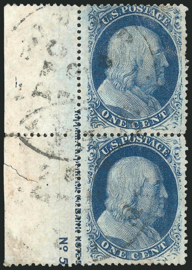 1c Blue, Ty. V (24).> Positions 3141L5, vertical pair with <Toppan, Carpenter & Co. ^BANK NOTE E(NGRAVERS)^ portion of imprint and No. 5> in selvage at left, rich color and fine impression, cancelled by two
strikes of Dec. 19 town datestamp, f