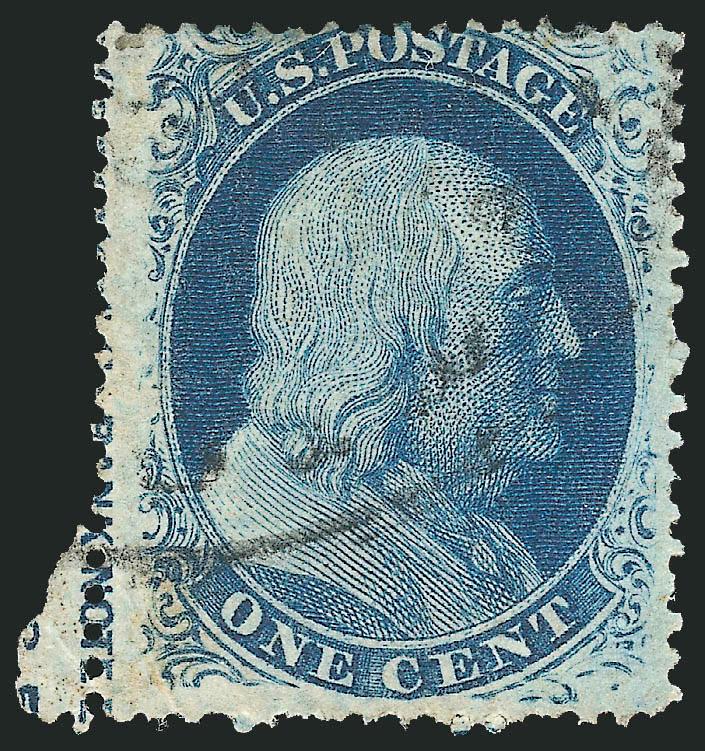 1c Blue, Ty. V (24).> Position 41L5 with <portion of imprint and part of plate (N)o. 5> in small piece of selvage at left, rich color, unobtrusive cancel, perf faults, Fine appearance, given the great rarity
of plate number examples from Plate 5, t